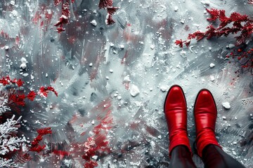 Stylish red boots set against an abstract snowy surface, combined with winter foliage elements, creating a modern artistic composition.