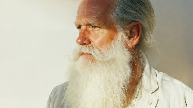 Elderly man with a long white beard in a light jacket, standing in a minimalist white space illuminated by direct light,