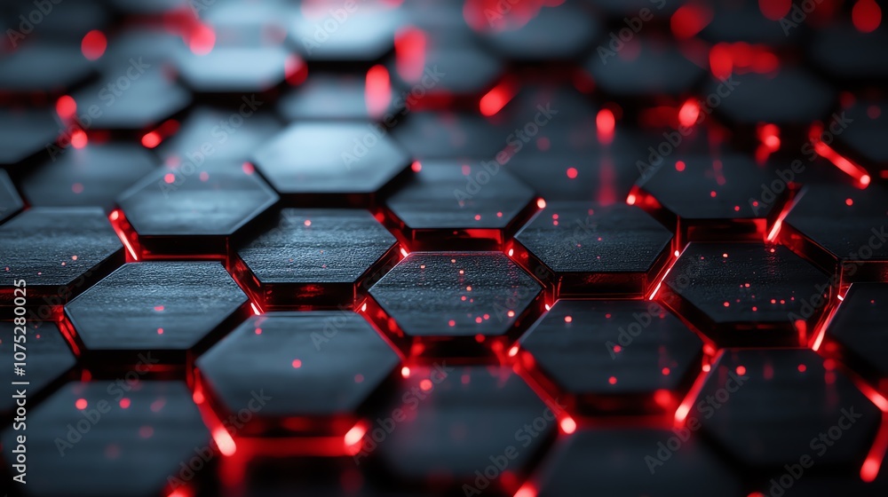 Poster Close-up of a dark abstract hexagonal pattern with glowing red lights.