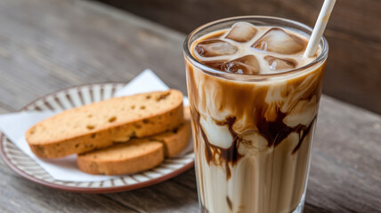 Iced coffee drink with cream and cookies on a rustic wooden table, perfect for a relaxing afternoon.