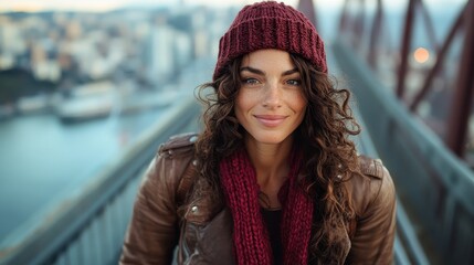 Fototapeta premium Curly-haired young woman in a textured red hat and leather jacket smiling warmly on a bridge, overlooking a vibrant, blurred urban landscape in early evening light.