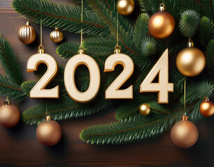 Christmas celebration decorations featuring gold ornaments and pine branches indicating 2024