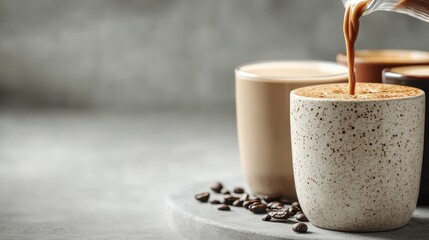 An image depicting artisanal coffee being expertly poured into a speckled mug, highlighting craftsmanship and the art of coffee preparation in a modern context.