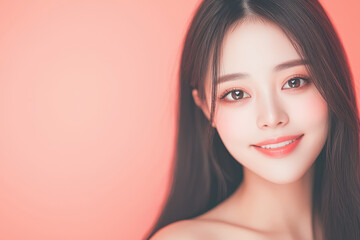 Fototapeta premium A beautiful portrait of an asian young woman with radiant skin and a warm smile against a soft pink background.