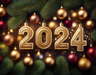 Golden 2024 decorations amidst festive ornaments hanging from pine branches during the holiday season