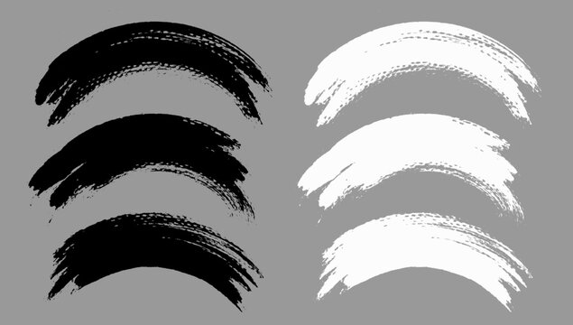 Brush stroke vector. Painted curves, arc lines, isolated. Grunge curvy backgrounds. Textured design elements. Black and white brush options