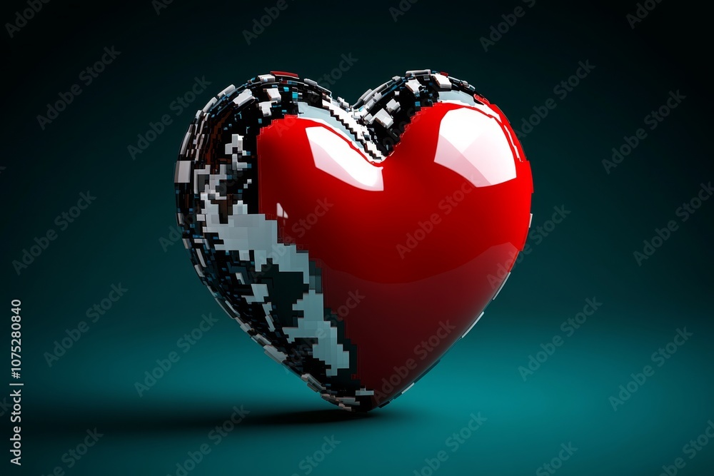 Poster pixel art of a classic red heart symbol in 8-bit style, with vibrant retro colors and a nostalgic fe