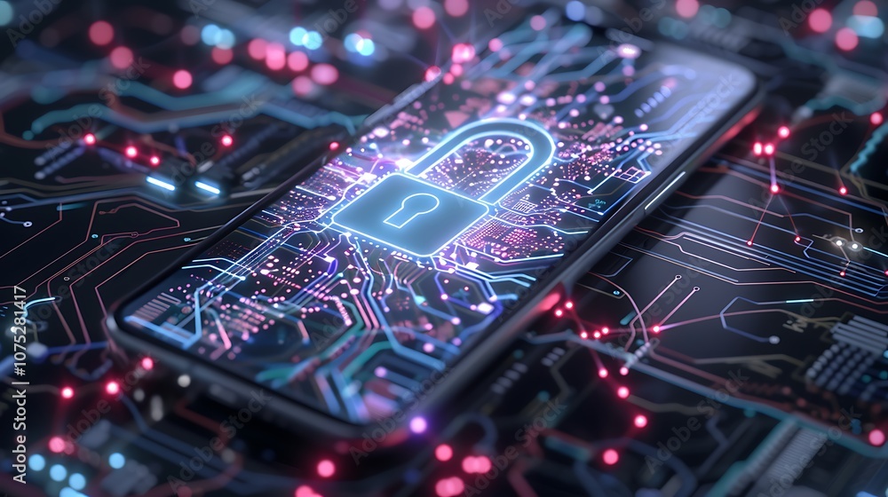 Poster a smartphone surrounded by colorful lights featuring a digital lock symbolizing cybersecurity and pr