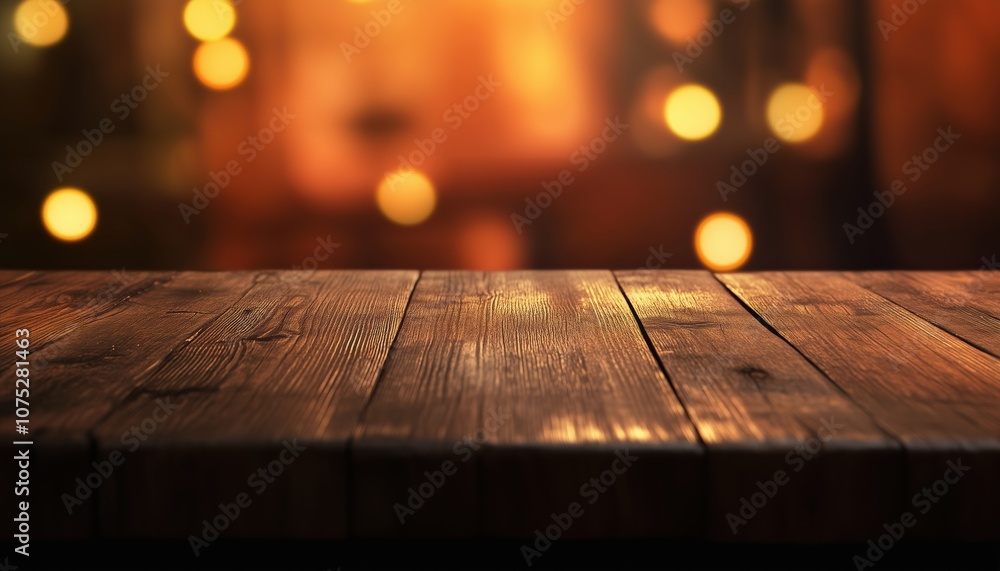 Poster elegant empty wooden table top illuminated with bokeh lights in a blurred restaurant background. a s