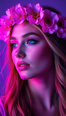 Naklejka premium A Young Woman With a Flower Crown Poses Gracefully Under Vibrant Purple Lighting