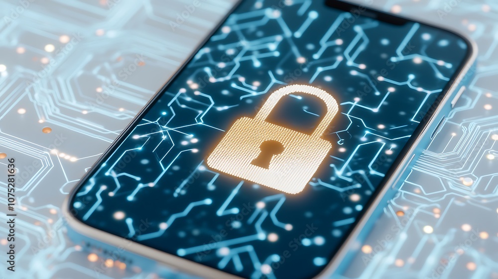 Poster a smartphone surrounded by colorful lights featuring a digital lock symbolizing cybersecurity and pr