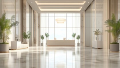 Fototapeta premium Modern Luxury White Room Space With Blurry Corridor And Glass Wall Window In Blurred Hotel Or Office Building Lobby Interior View.