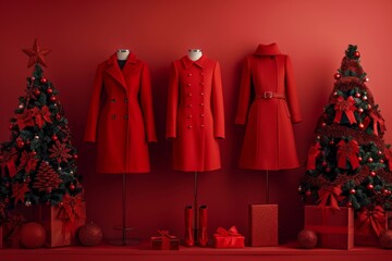 Three stylish red winter coats are exhibited against a bright red background, accompanied by decorated Christmas trees and wrapped presents.