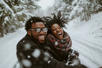 Joyful couple sledding together through a snowy winter landscape