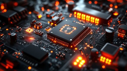 Fototapeta premium Close-up of a circuit board with glowing components.
