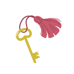 Golden key with red tassel. Classic tool for opening door locks and secrets. Sign of privacy and protection. Vector illustration