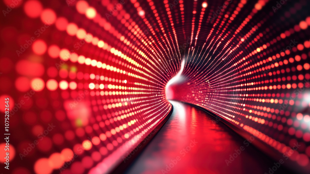 Poster a vibrant red tunnel filled with mesmerizing lights, creating a futuristic and dynamic atmosphere.