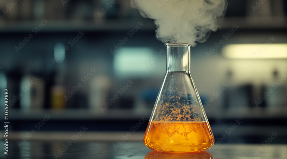 Poster A beaker containing a yellow liquid is shown with steam rising from the top. The beaker is sitting on a counter in a lab, likely during an experiment