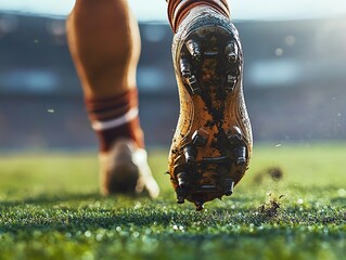 Close-up of muddy soccer cleats on green grass as a player sprints down the field.