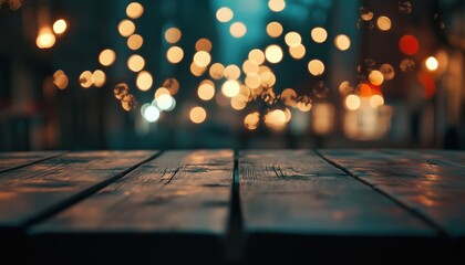 Wooden Table Set Against Abstract Blurred Restaurant Lights, Creating A Warm And Cozy Ambiance In The Dining Area.