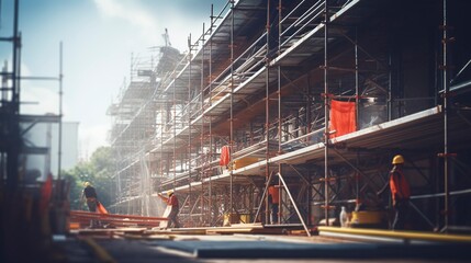 Naklejka premium Construction site with scaffolding and workers in safety gear during early morning light.