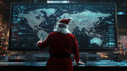 Santa Claus planning his global gift delivery route, analyzing a digital technology world map in a high-tech command center. A blend of Christmas magic and innovation. Image made using Generative AI.