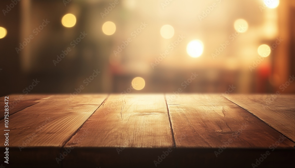 Poster wooden table top in a café restaurant with a blank surface and gold bokeh background creating a warm