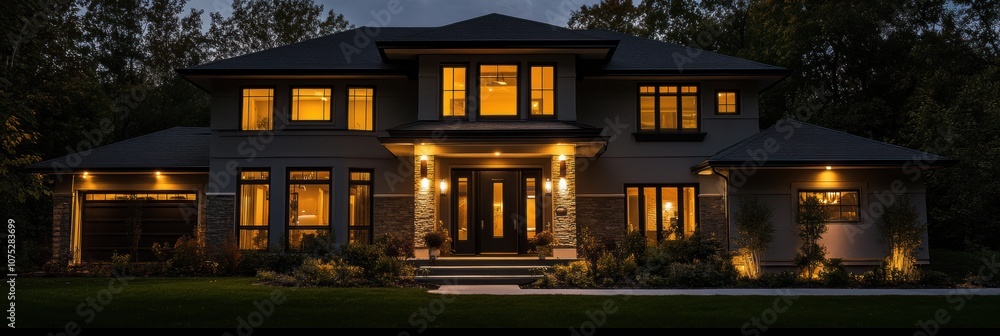 Poster a sleek, contemporary residence shines in the dark, showcasing illuminated windows and doors from it