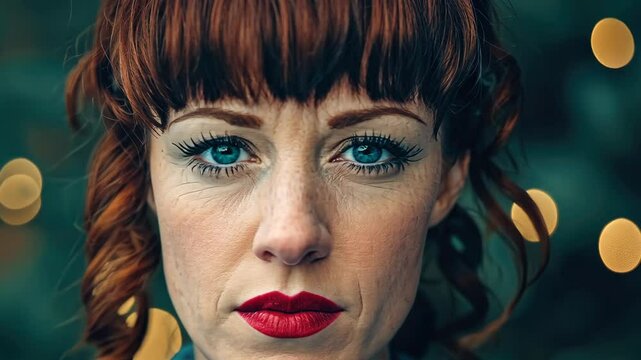 A captivating woman with vibrant red hair and bold makeup poses confidently, her intense gaze complemented by twinkling bokeh lights in the backdrop, creating an enchanting atmosphere