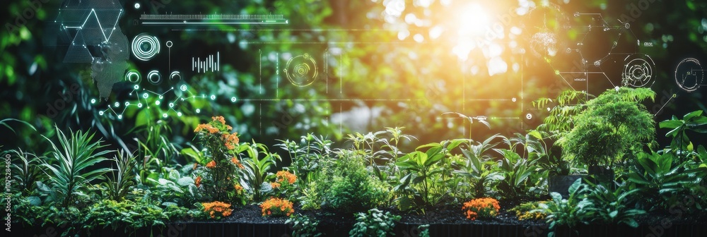 Poster a flourishing smart garden utilizes automated sprinklers and soil sensors to ensure optimal irrigati