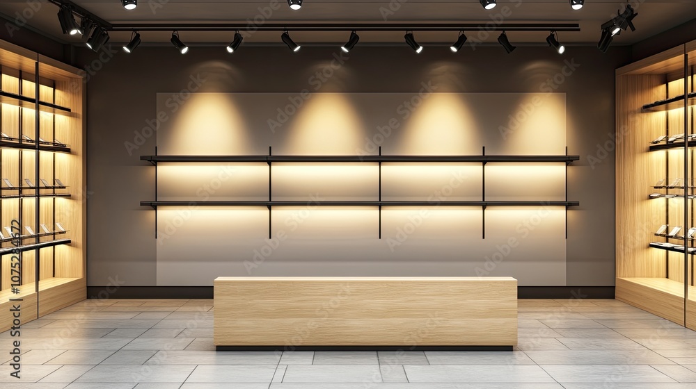Poster empty display shelves illuminated by track lighting in a modern, neutral-colored shop, creating an i