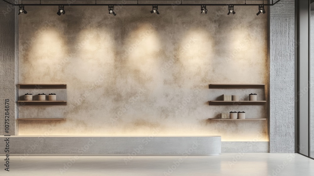 Poster empty display shelves illuminated by track lighting in a modern, neutral-colored shop, creating an i