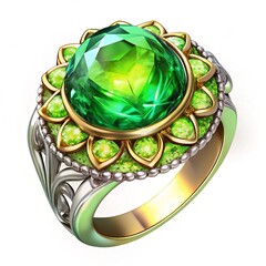 beautiful ring with green gem isolated on white