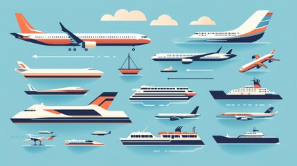 A set of transportation icons in a flat, modern design, showcasing planes, ships, and trains. 