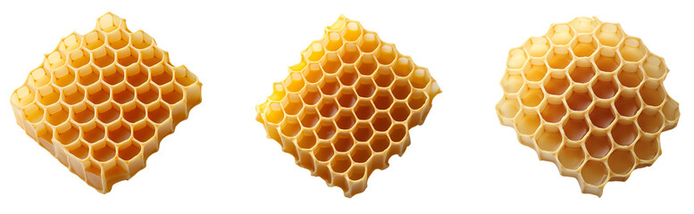 Three pieces of honeycomb on a white isolated background, showcasing golden texture and unique hexagonal structure. transparent background