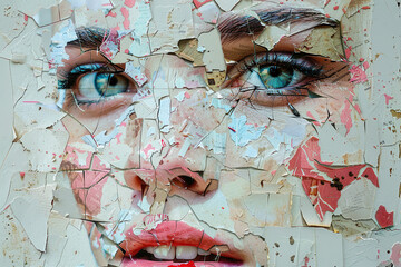 Fashionable Generative AI illustration image female facial collage many colorful elements trend puzzle