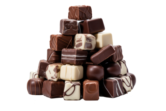 different types of chocolates (dark, milk, and white) stacked loosely on transparent background