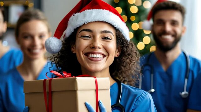 In a joyful atmosphere, healthcare professionals share smiles and gifts, embodying the holiday spirit while creating moments of happiness among patients and colleagues