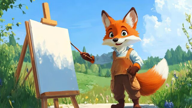 A fox in a painter's outfit holding a paintbrush, standing beside a canvas, outdoor background.