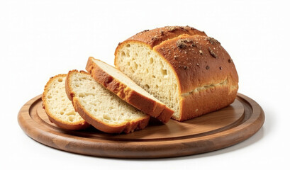 sliced white rustic bread with a crispy crust on a board on a white background