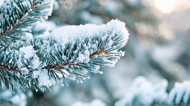 Close up of pine-tree branch covered with snow