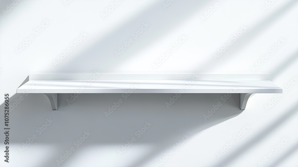 Poster empty modern retail display shelf against a clean white background with subtle shadows, ready for pr
