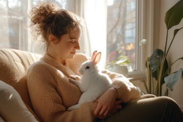 Woman gently holding a white rabbit, showcasing warmth, tenderness, and the joy of companionship.