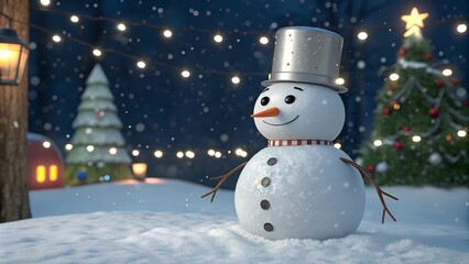 Obraz premium Christmas snowman with silver bucket on his head.