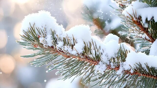 Close up of pine-tree branch covered with snow