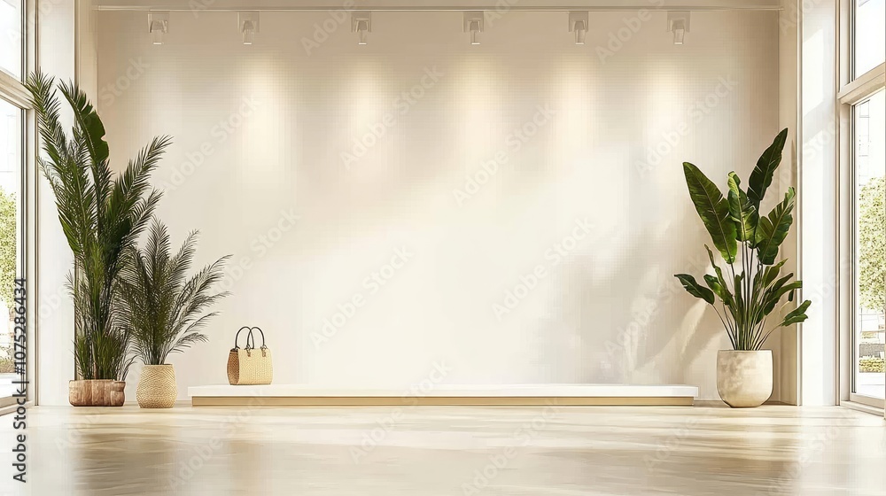 Poster empty window display area with bright lighting and neutral background, providing a fresh canvas for 