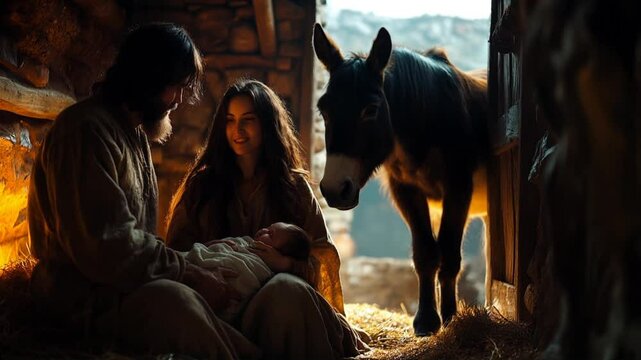 Tender Nativity Scene with Baby Jesus and Parents in a Rustic Barn