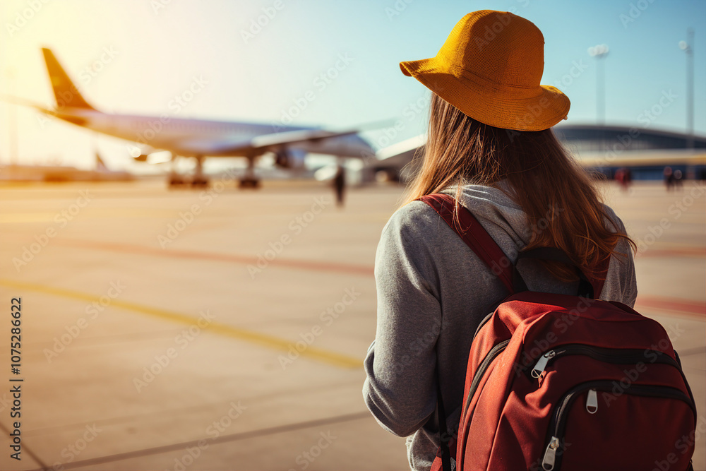 Wall mural AI generated image back view photo of young person standing in airport summer vacation