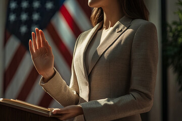 A woman in a formal suit raises her hand to take an oath during a ceremony near an American flag in the background