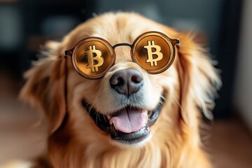 A funny crypto enthusiast golden retriever wearing Bitcoin themed glasses, exuding a playful and trendy vibe.
